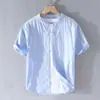 Extremamente linho fresco básico casual manga curta camisa de linho de algodão masculino estilo japonês verão solto camisa de linho artístico para a juventude