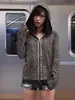 Cárdigan con Capucha Estampado de Leopardo Retro Y2K Adorno de Remaches Cremallera Manga Larga Delgado Ajustado Chica Atrevida Retro Casual