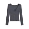 Camiseta Sexy Pura de Chica Picante con Nudo en el Pecho, Cuello en V, Manga Larga, Nueva Ropa de Abrigo de Otoño, Top Interior Ajustado