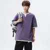Camiseta Elegante Falsa de Dos Piezas con Cuello en V y Manga Corta para Hombre, Estilo Coreano de Verano, Top Gris Sencillo y Versátil de Cuello Pequeño