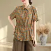Foto Real de Novas Roupas de Verão, Tops de Algodão e Linho Tamanho Grande, Camisas Polo de Manga Curta Florais Largas, Camisas Retrô para Mulheres