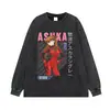 Camiseta de manga corta negra lavada con efecto desgastado y estampado de anime, estilo retro americano, corte holgado, marca de moda, cuello redondo, manga corta, transfronteriza