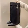 Botas Altas de Cuña con Punta Aguda Estilo Británico para Mujer con Figuras Pequeñas, Hasta la Rodilla, Estilo Popular Europeo y Americano, Botas Largas de Piel Suave con Hebilla de Tiburón