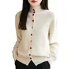 Estilo Nuevo Otoño e Invierno Estilo Suave Botón en Forma de Corazón Cuello Semi Alto Abrigo Suéter Estilo Retro para Mujer Cárdigan de Punto Holgado