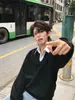Sudadera de punto coreana de dos piezas falsas con cuello de camisa a rayas, otoño, corte boxy, corta, ancha, estilo preppy