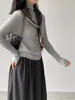 Suéter de Tricô Gola Alta Texturizado de Alta Qualidade Estilo Coreano Jiangzuo para Mulheres, Top Fino Estampado de Alta Elasticidade F529