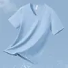 Camiseta de Manga Corta de Algodón Modal para Hombre con Cuello en V, Top de Seda Helada Fresco, Secado Rápido, Color Puro Blanco, Manga Media, Antibacteriano y Antiácaros