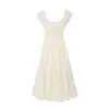 6799-25 Nuevo Estilo de Verano Estilo Francés Puro Relajado Cintura Elástica de Doble Capa Cuello Cuadrado Falda Larga Vestido para Mujer