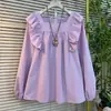Estilo Ocidental Primavera e Outono Novo Tamanho Grande Feminino Maillard Socialite Babados Gola Quadrada Costas Bonitas Design Sexy Camisa Feminina