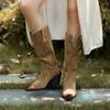Botas de Caballero Retro Europeas y Americanas de Punta Fina con Tacón Grueso Alto Estilo Nuevo Otoño e Invierno 2025 Botas Vaqueras de Cuero Girado Color Caqui de Caña Alta para Mujer