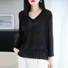 Camiseta Base de Seda de Hielo Hueca con Cuello en V de Nueve Mangas para Mujer, Primavera y Otoño, Delgada, Adelgazante, Francesa, Versátil, para Superponer