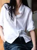 Camisa Blanca de Manga Corta con Dobladillo Enrollado, Textura Suave, Corte Holgado y Relajado, de Tencel y Lino para Mujer Joaesar