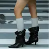 Botas Slouch Quadradas de Salto Alto da Moda Tendência para Mulheres 2026 Novo Estilo Botas Western Cowboy Dobráveis Botas de Cano Curto de Salto Fino Emagrecedoras