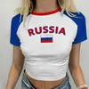 Verão Cruzamento de Fronteiras Russo Bordado Letra Gráfico Y2K Streetwear Cropped Curto Camiseta Feminina Atacado