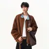Chaqueta de solapa de retazos a cuadros de gamuza estilo americano para hombres y mujeres, chaqueta de béisbol holgada vintage de otoño, abrigo casual para parejas