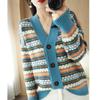 Cardigan Tricotado Casual Curto Solto com Botões, Gola V Color Block, Lã Mesclada, Novo Outono Inverno 2026 para Mulheres