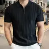 Traje Estilo Old Money: Camisa Polo Listrada de Manga Curta para Homens, Camisa de Malha Fina de Seda de Gelo para o Verão com Gola Reversível, Top de Corte Slim