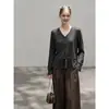Nuevo Otoño Casual Francés Perezoso Diseño Hueco Holgado Cuello con Cordón Cintura ceñida Top de Punto Mujer