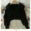 Suéter feminino de gola V aberta com lapela, manga longa, estilo francês, nicho, outono e inverno 2023, curto, justo, afina a silhueta, moda
