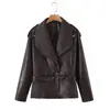 ¡Pedido de Comercio Exterior! Chaqueta Abrigo de Cuero PU Estilo Retro Europeo y Americano para Mujer con Solapas Grandes, Cinturón, Hombreras y Decoración de Cremallera