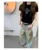 Jeans Resistentes Axb Dune Echo Desgastados Lavado Vintage Pintados a Mano de Pierna Recta Pantalones Casuales