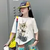 Conjunto de T-shirt de Verão com Ombro a Ombro e Manga Curta e Shorts para Meninas, Conjunto Tendência de Duas Peças com Top Cartoon Estilo Coreano e Shorts Jeans para Crianças