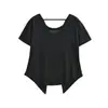 Camiseta feminina de verão estilo garota ousada, manga curta, barra irregular, solta, modeladora, para yoga, de cobrir, cor sólida, ombro diagonal, costas abertas