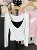Conjunto de Dos Piezas Ruoxin Camiseta Casual de Manga Larga con Cuello Cruzado en V Camisola de Encaje con Cuello en V Chaleco de Espalda Cruzada Conjunto de Dos Piezas en Capas