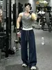 Pantalones deportivos de chándal azul marino para hombre, color otoñal, bloques de color, cintura elástica, estilo americano para gimnasio, pantalones casuales de pierna ancha y caída fluida