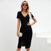 Nova Primavera e Verão Roupa Transfronteiriça Europeia e Americana Sexy Fenda Plissada Cobre Quadril Cor Pura Estilo Francês Vestido Slim