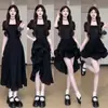 Elegante Conjunto de Traje Negro de Alta Gama para Mujer, Top Elegante con Volantes, Vestido Irregular, Vestido Adelgazante y que Alarga la Figura