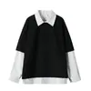 Sudadera de Estilo Coreano Otoño 2026 Falsa de Dos Piezas con Cuello Polo Rayado para Hombres y Mujeres, Top Camiseta de Manga Larga Holgada Estilo Universitario