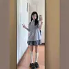 Traje para Mujer Camisa Azul de Manga Corta para Mujer Verano Estilo Universitario Dulce Holgada de Color Sólido Camisa Estilo Coreano Top Plisado