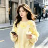 Suéter de tricô vintage estilo francês para outono, com caimento solto, gola redonda e detalhes florais tridimensionais, branco, tamanho único, rosa