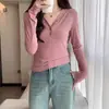Camiseta Gris de Manga Larga Ajustada con Cuello en V para Primavera y Otoño para Mujer 2026, Top Base Adelgazante que Ceñe la Cintura para Chicas a la Moda