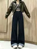 Jeans de retazos a cuadros color block estilo retro americano para mujer, nuevo estilo de otoño, corte holgado, adelgazantes y con un diseño de pierna ancha y fluido