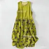 Vestido Casual de Algodão Puro com Estampa Digital Nova, Gola Redonda, Sem Mangas, Comprimento Médio, Para Mulheres, Verão na Praia