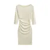 Vestido Bodycon de Manga Media con Escote Barco y Cintura Fruncida Estilo Puro Deseo, Nuevo Vestido Corto de Color Sólido Ajustado para Chicas Atrevidas