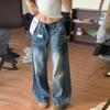 Jeans Blancos Lavados para Mujer Tallas Grandes para Otoño, Vintage Plisados de Tiro Bajo, Corte Holgado, Adelgazantes, Pantalones Versátiles de Largo Hasta el Suelo