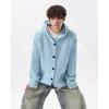 Cárdigan de punto con capucha azul lechoso, unisex, engrosado para abrigar, chaqueta suéter casual, prenda de punto versátil para otoño e invierno