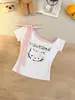 Nueva camiseta de verano dulce con estampado de gatito y lazo, manga corta, con almohadilla incorporada en el pecho, cómoda, ajustada, top versátil para mujer