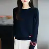 Camisa de Raccoon Bordada con Cuello Redondo y Color de Contraste para Otoño e Invierno, Camiseta de Punto Básica de Manga Larga Suelta para Mujer, Suéter Versátil de Moda para Mujer