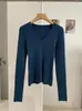 Top de punto KEKEZOON de corte ajustado con cuello en V, capa base versátil de color liso para otoño, elegante camisa de manga larga 9152