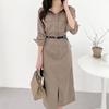 Chic Coreano 2026 Primavera Nuevo Elegante Estilo Retro Solapa Corbata Adelgazante Vestido con Abertura y Cinturón
