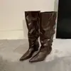 Botas Puntiagudas Plisadas de Tacón de Cuña para Mujer, Botas de Caña Alta Adelgazantes de Moda, Botas Largas Estilo Vintage para Mujer, Botas de Mujer para Principios de Otoño