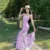 Novo Vestido de Suspensório Cauda de Peixe Estilo Chinês Retrô Primavera-Verão com Estampa de Borboleta, Vestido Longo de Malha nas Cores Roxa, Azul e Verde