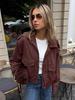 Jaqueta Bomber Marrom Retrô Transfronteiriça Cor de Café para Mulheres Inverno 2025 Moda Solta Europeia e Americana Jaqueta de Camurça com Lapela