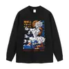 Camiseta Lavada com Estampa Desgastada Manga Curta Retro Americano Anime Solta Ombro Caído Gola Redonda Marca Tendência Verão Manga Longa Manga Curta