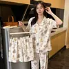 Yunduo Algodón Nuevo Cárdigan Pijama de Tres Piezas para Mujer Pantalones de Manga Corta Popular Dulce Ropa para el Hogar Traje de Mujer Se Puede Usar Afuera