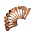Espátula Pequeña de Madera de Acacia, Espátula de Madera para Sartén Antiadherente, Cuchara Sopera de Madera con Mango Largo, Cuchara Pequeña de Madera para Arroz, Juego de Espumadera para Fideos de Madera de Teca